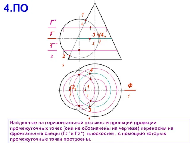 Найденные на горизонтальной плоскости проекций проекции промежуточных точек (они не