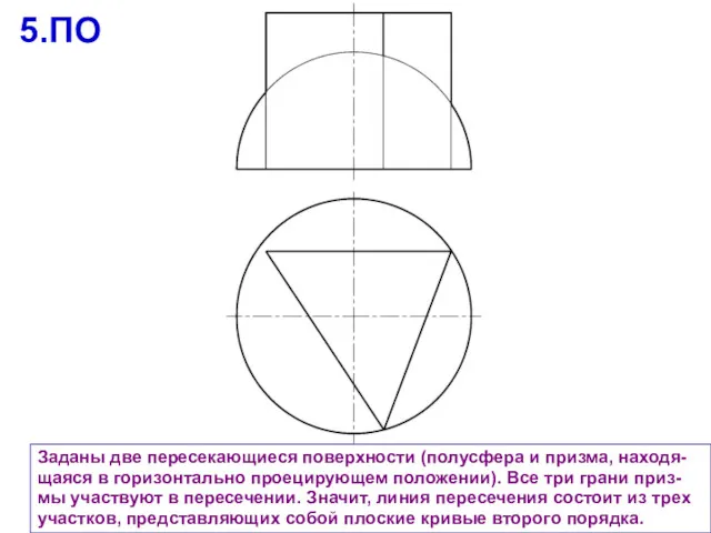 Заданы две пересекающиеся поверхности (полусфера и призма, находя-щаяся в горизонтально