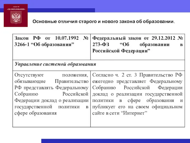 Основные отличия старого и нового закона об образовании.