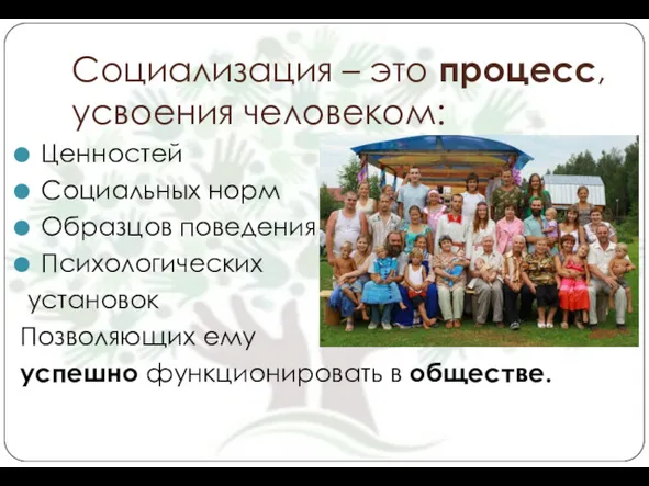 Социализация – это процесс, усвоения человеком: Ценностей Социальных норм Образцов