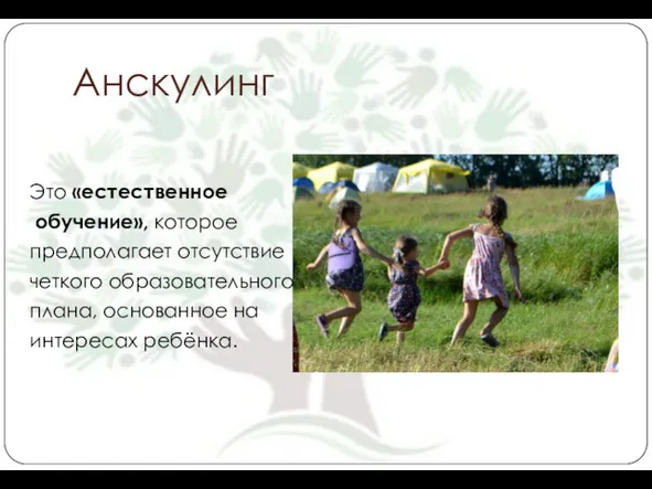 Анскулинг Это «естественное обучение», которое предполагает отсутствие четкого образовательного плана, основанное на интересах ребёнка.