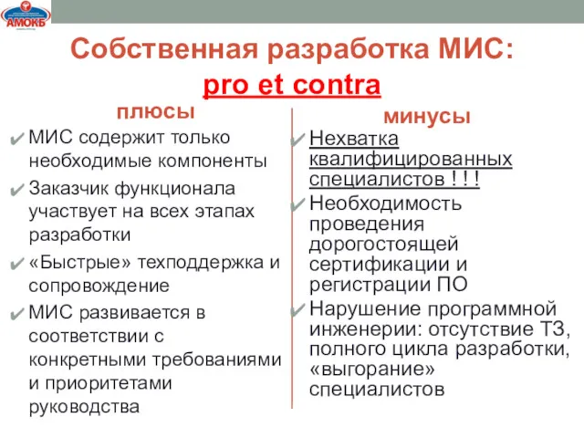 Собственная разработка МИС: pro et contra плюсы МИС содержит только