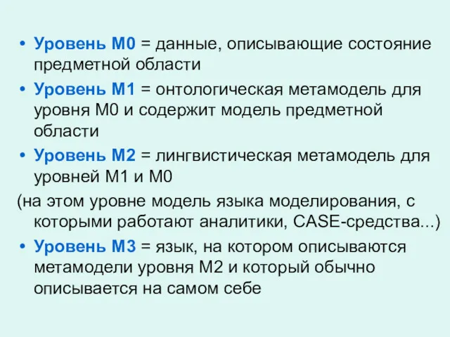 Уровень М0 = данные, описывающие состояние предметной области Уровень М1