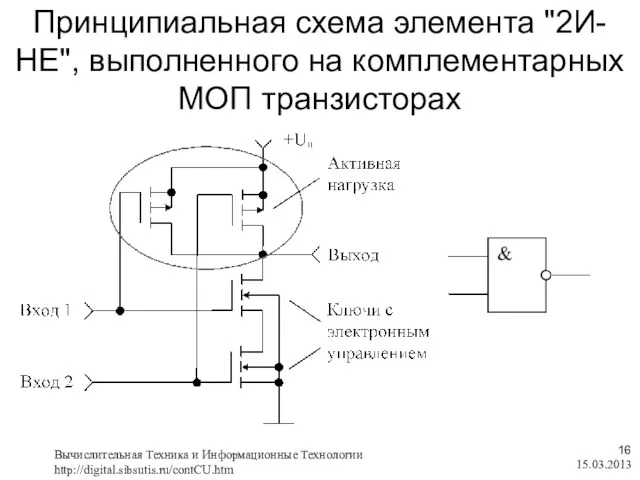 Принципиальная схема элемента "2И-НЕ", выполненного на комплементарных МОП транзисторах 15.03.2013