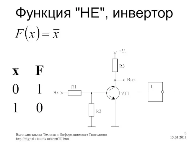 Функция "НЕ", инвертор 15.03.2013 Вычислительная Техника и Информационные Технологии http://digital.sibsutis.ru/contCU.htm