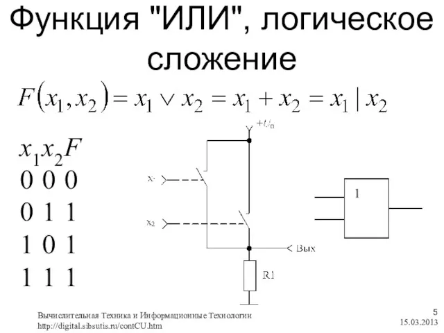 Функция "ИЛИ", логическое сложение 15.03.2013 Вычислительная Техника и Информационные Технологии