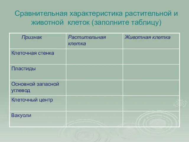 Сравнительная характеристика растительной и животной клеток (заполните таблицу)