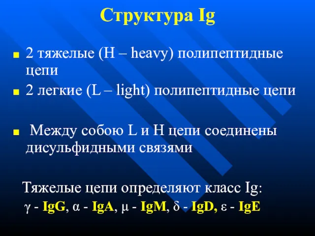 Структура Ig 2 тяжелые (H – heavy) полипептидные цепи 2