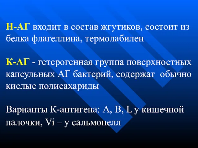 Н-АГ входит в состав жгутиков, состоит из белка флагеллина, термолабилен