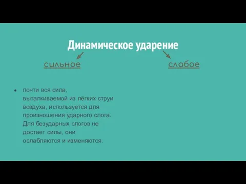 Динамическое ударение сильное почти вся сила, выталкиваемой из лёгких струи