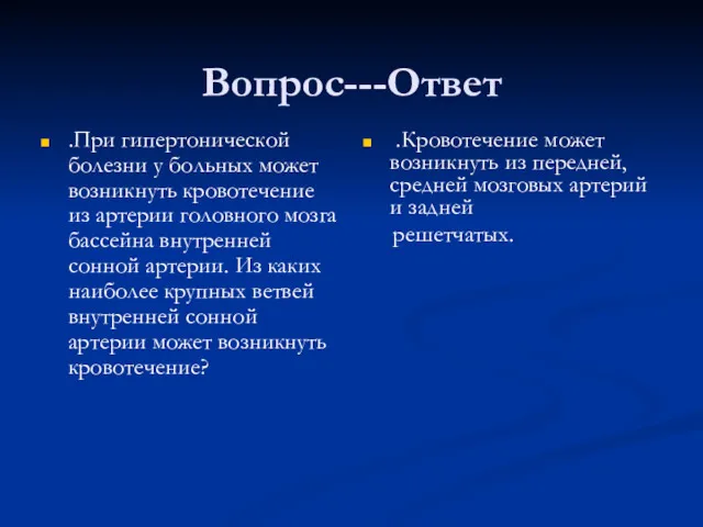 Вопрос---Ответ .При гипертонической болезни у больных может возникнуть кровотечение из артерии головного мозга