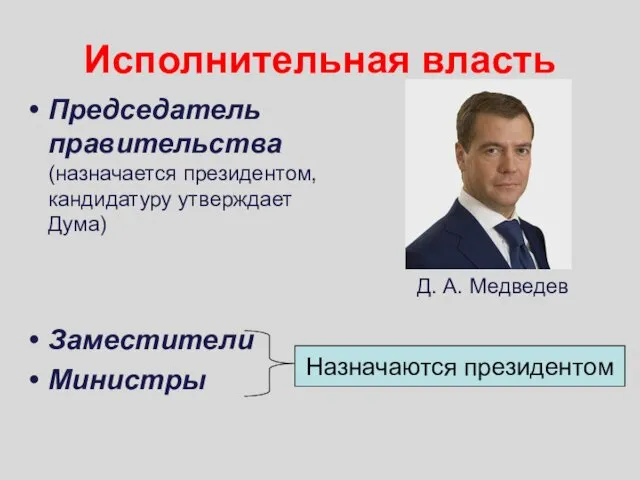 Исполнительная власть Председатель правительства (назначается президентом, кандидатуру утверждает Дума) Заместители Министры Д. А. Медведев Назначаются президентом