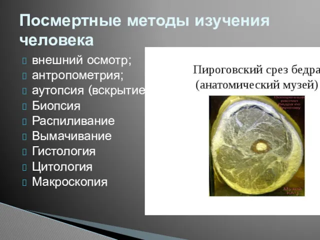 внешний осмотр; антропометрия; аутопсия (вскрытие); Биопсия Распиливание Вымачивание Гистология Цитология Макроскопия Посмертные методы изучения человека