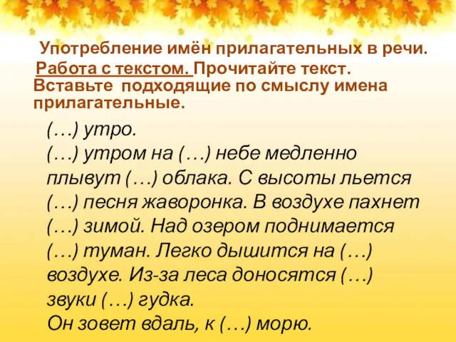 Употребление имён прилагательных в речи. Работа с текстом. Прочитайте текст.