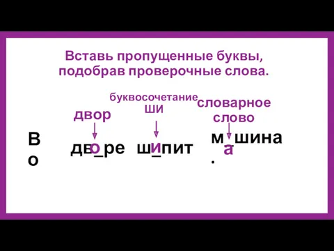 Вставь пропущенные буквы, подобрав проверочные слова. Во дв_ре ш_пит м_шина.