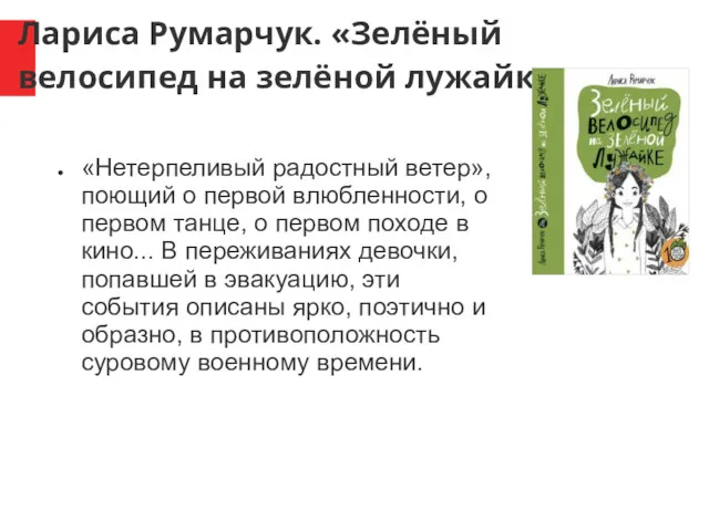 Лариса Румарчук. «Зелёный велосипед на зелёной лужайке» «Нетерпеливый радостный ветер»,