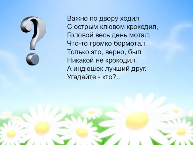 Важно по двору ходил С острым клювом крокодил, Головой весь день мотал, Что-то