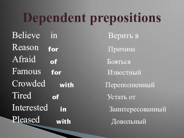 Believe Reason Afraid Famous Crowded Tired Interested Pleased in Верить