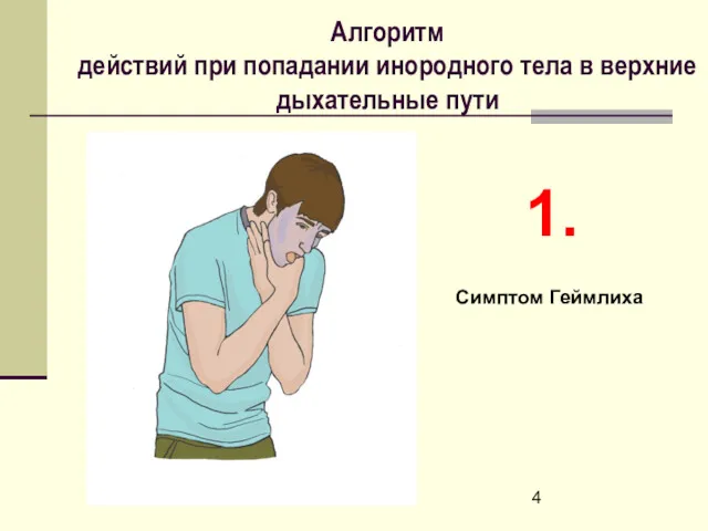 Алгоритм действий при попадании инородного тела в верхние дыхательные пути 1. Симптом Геймлиxа