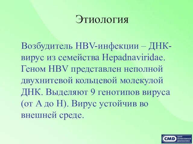 Этиология Возбудитель HBV-инфекции – ДНК-вирус из семейства Hepadnaviridae. Геном HBV