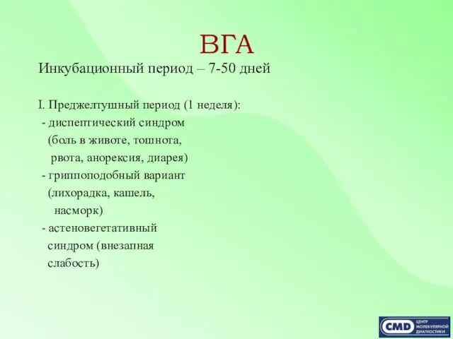 ВГА Инкубационный период – 7-50 дней I. Преджелтушный период (1