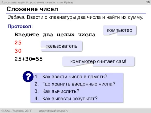 Сложение чисел Задача. Ввести с клавиатуры два числа и найти