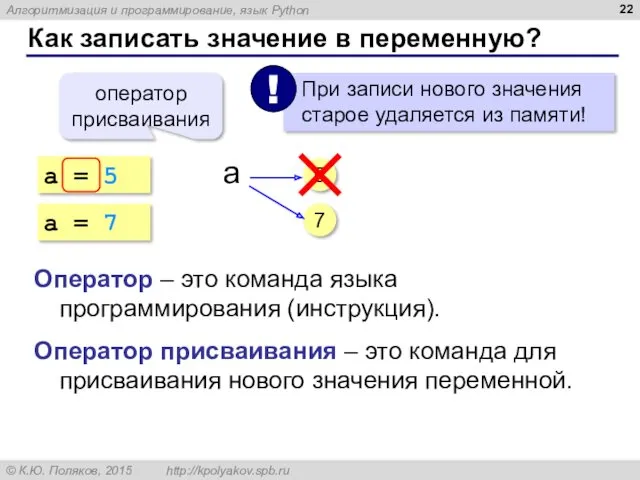 Как записать значение в переменную? a = 5 оператор присваивания