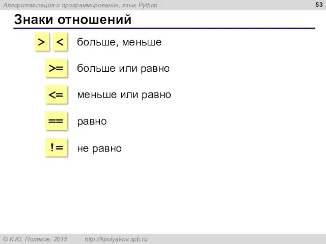 Знаки отношений > >= == != больше, меньше больше или