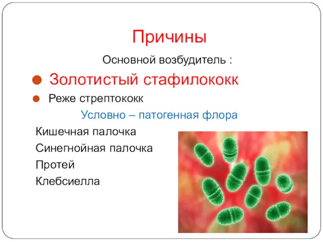 Причины Основной возбудитель : Золотистый стафилококк Реже стрептококк Условно –