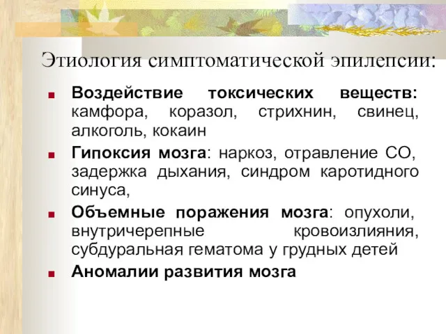 Этиология симптоматической эпилепсии: Воздействие токсических веществ: камфора, коразол, стрихнин, свинец,