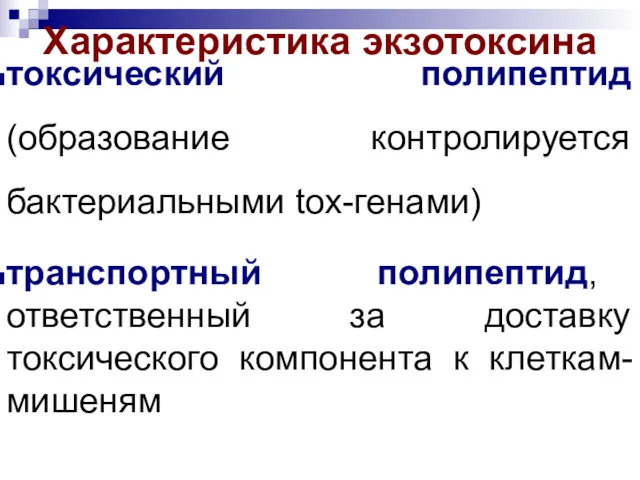 Характеристика экзотоксина токсический полипептид (образование контролируется бактериальными tox-генами) транспортный полипептид,