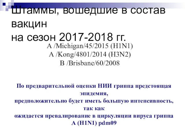 Штаммы, вошедшие в состав вакцин на сезон 2017-2018 гг. А /Michigan/45/2015 (H1N1) А