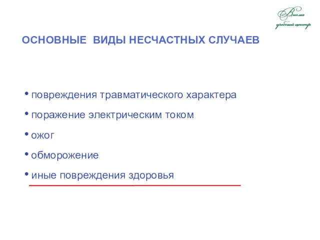 ОСНОВНЫЕ ВИДЫ НЕСЧАСТНЫХ СЛУЧАЕВ повреждения травматического характера поражение электрическим током ожог обморожение иные повреждения здоровья