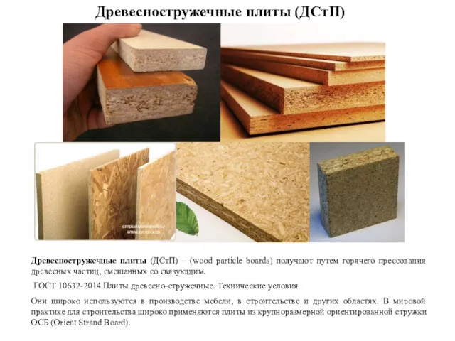 Древесностружечные плиты (ДСтП) Древесностружечные плиты (ДСтП) – (wood particle boards) получают путем горячего