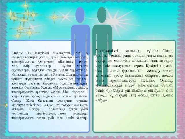 Елбасы Н.Ә.Назарбаев «Қазақстан -2050 » стратегиясында мұғалімдерге сенім арта отырып,