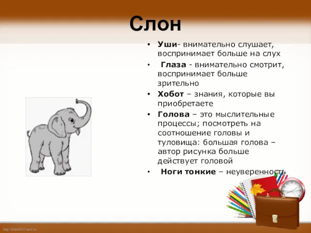 Слон Уши- внимательно слушает, воспринимает больше на слух Глаза -