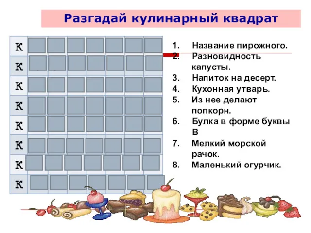 Разгадай кулинарный квадрат Название пирожного. Разновидность капусты. Напиток на десерт.