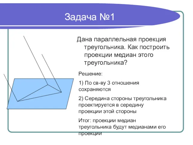 Задача №1 Дана параллельная проекция треугольника. Как построить проекции медиан этого треугольника? Решение: