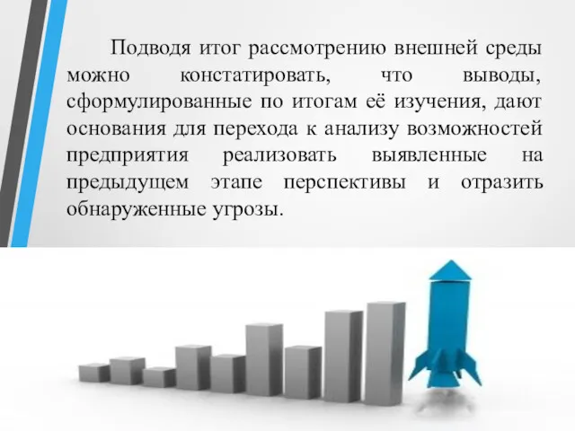 Подводя итог рассмотрению внешней среды можно констатировать, что выводы, сформулированные