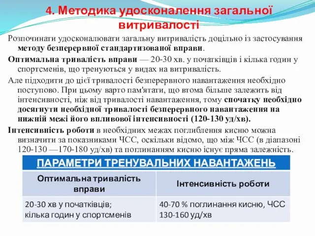 4. Методика удосконалення загальної витривалості Розпочинати удосконалювати загальну витривалість доцільно