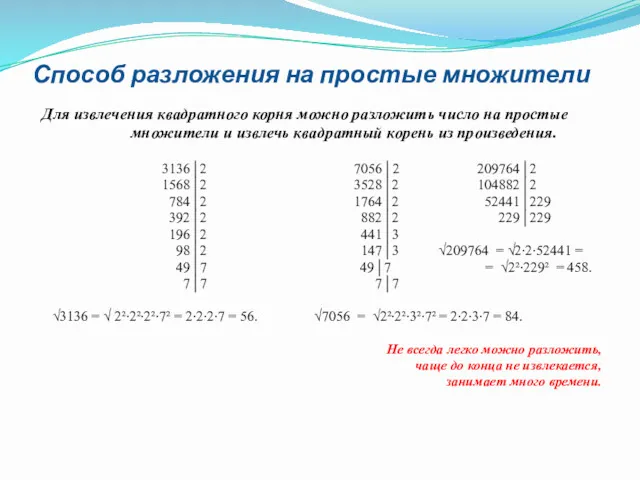 Способ разложения на простые множители Для извлечения квадратного корня можно