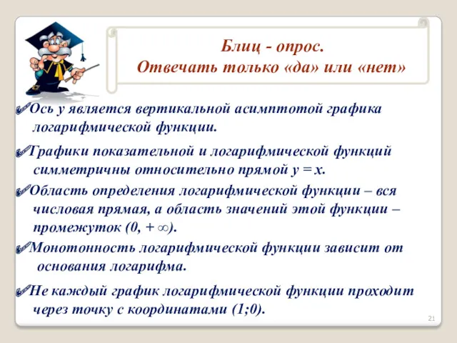 Ось у является вертикальной асимптотой графика логарифмической функции. Графики показательной