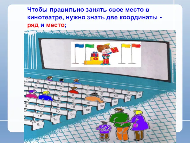 Чтобы правильно занять свое место в кинотеатре, нужно знать две координаты - ряд и место;