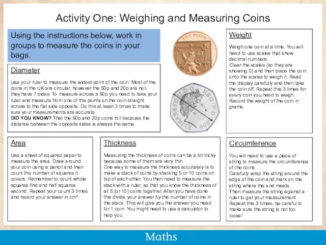 Activity One: Weighing and Measuring Coins Weight Weigh one coin