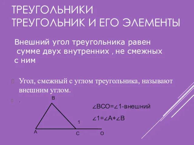 ТРЕУГОЛЬНИКИ ТРЕУГОЛЬНИК И ЕГО ЭЛЕМЕНТЫ Угол, смежный с углом треугольника,