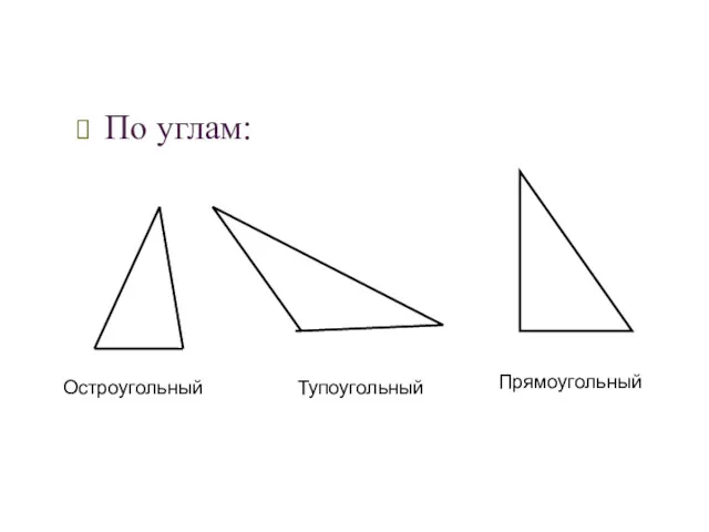 ТРЕУГОЛЬНИКИ ТРЕУГОЛЬНИК И ЕГО ВИДЫ По углам: Остроугольный Тупоугольный Прямоугольный