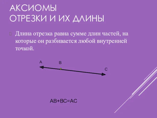 АКСИОМЫ ОТРЕЗКИ И ИХ ДЛИНЫ Длина отрезка равна сумме длин