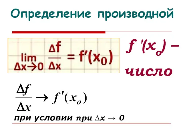 Определение производной f ′(xо) – число при условии при ∆х → 0
