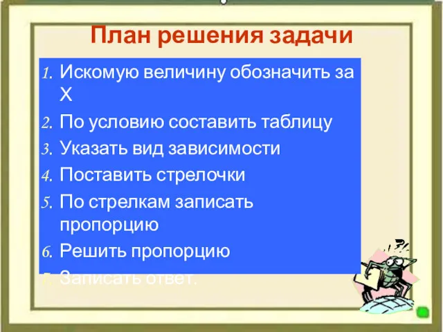 План решения задачи Искомую величину обозначить за Х По условию