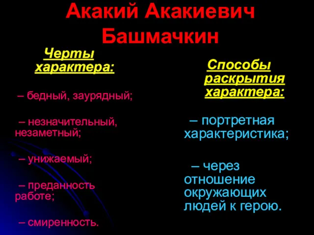 Акакий Акакиевич Башмачкин Способы раскрытия характера: – портретная характеристика; –